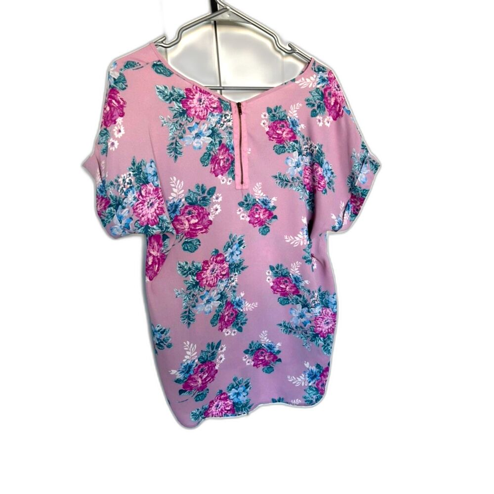 HIPPIE ROSE Junior’s Back-Zip Cuff-Sleeved Top, Purple Floral Size L - Picture 2 of 6